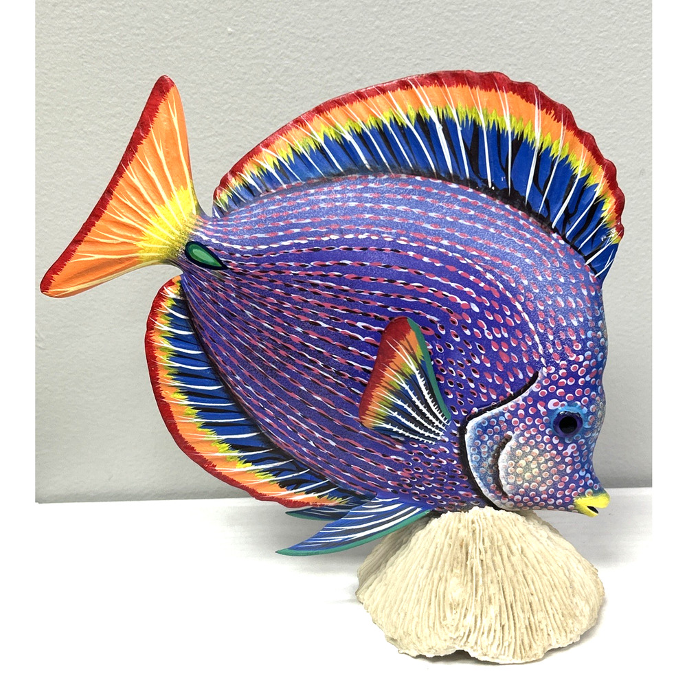 VTG Large Rainbow 3D Hand Carved Hand Painted Wood Fish Sculpture On Coral READ - Picture 3 of 14